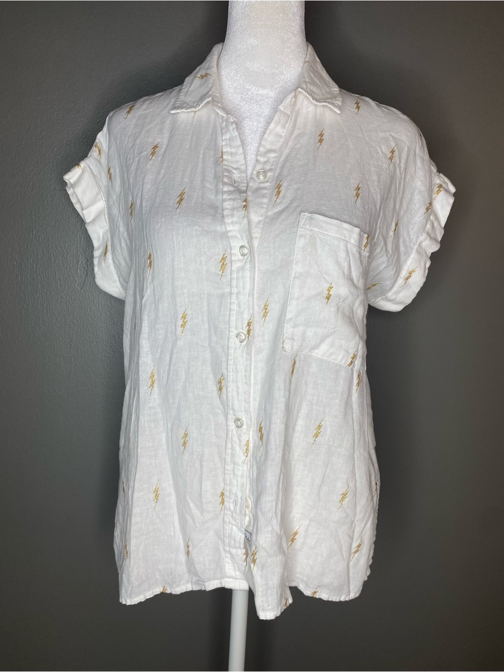 Anthropologie Rails Linen Blend Whitney Shirt Gold Metallic Lightning Bolt - XS